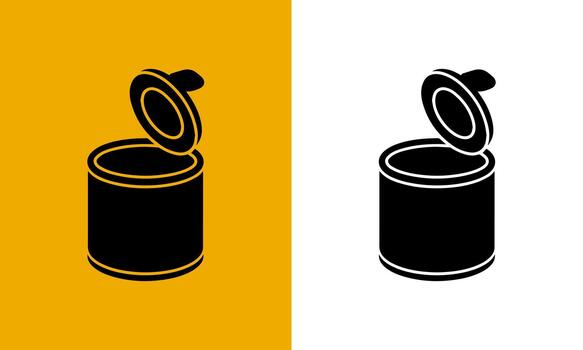 Open black tin can with a lid ajar presented in isometric view on yellow and white backgrounds vector