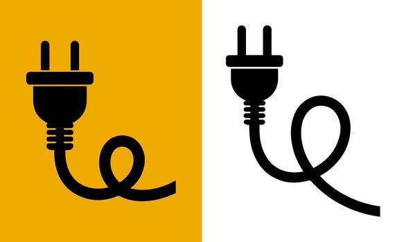 Simple black silhouette of an electrical power plug with a coiled cord on a split background of yellow and white vector
