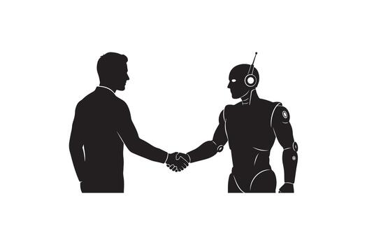 hombre y robot sacudida manos silueta androide apretón de manos vector