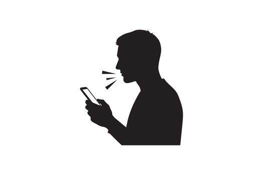 Silhouette of a man using voice command on smartphone vector
