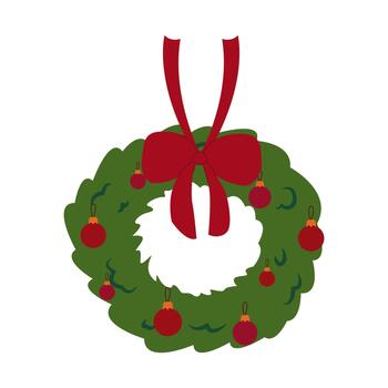 A New Year's wreath decorated with a red bow and red Christmas tree ornaments on a white background. A Christmas wreath made of spruce and pine branches. A round frame of pine branches with Christmas vector