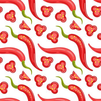 A seamless pattern of red chili peppers with a glossy texture, vibrant hues and crisp shapes, creating a fiery, dynamic texture. vector