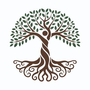Abstract illustration of a tree silhouette with green leaves, roots, and branches, representing nature, ecology, and life design elements vector