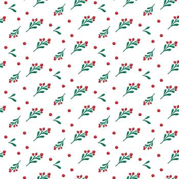 Minimal seamless pattern with simple berry branches, green leaves, and red dots on white background. Elegant Christmas and winter botanical repeat for textiles, wrapping, decor, cards vector