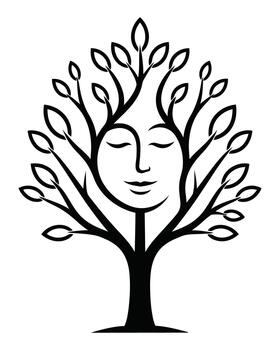 Stylized tree with a serene face integrated into its branches and trunk vector