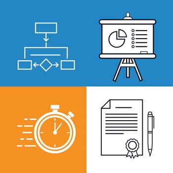 Set of four icons flowchart, presentation, stopwatch, and document with pen vector
