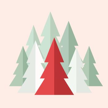 Minimalist flat design of a red christmas tree standing out from a group of pale green trees vector