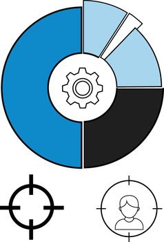 Pie chart with gear and target icons, representing strategy and goals vector