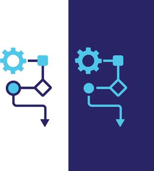 Abstract flowchart with gears and shapes on white and dark blue background vector