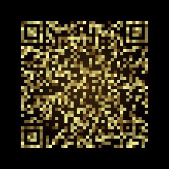 brillante oro pixelado qr código en oscuro brillante antecedentes vector
