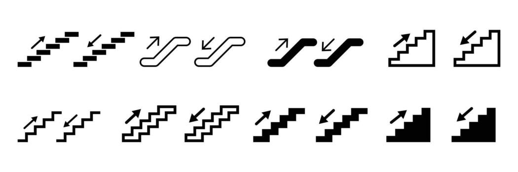 stairs icon design set. climbing stairs and arrows in various positions. Staircase Arrow Icons Representing up and down Progress Set. vector