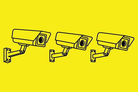 Illustration of three security cameras in a row, surveillance system vector