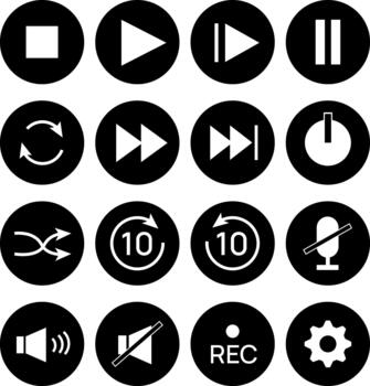 medios de comunicación controlar botones colocar, jugar, pausa, detener, registro, repetir, sonido, y barajar íconos para interfaz, tecnología, y ui diseño. ilustración vector