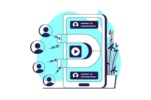 Marketing web concept with flat people for website design. Advertising campaigns with sharing information, attracting audience online, clients interacting with posts at apps. illustration. vector
