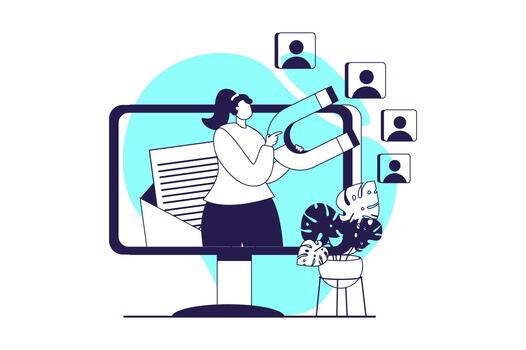 márketing web concepto con plano personas para sitio web diseño. mujer con imán atrayendo nuevo clientes, haciendo publicidad campañas con éxito estrategia, demostración eficiente resultado. ilustración. vector