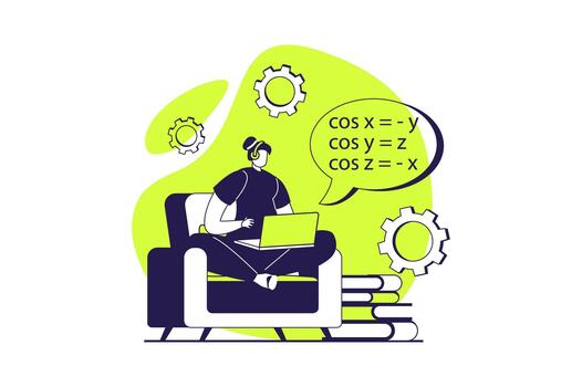 Online education web concept with flat people for website design. Woman learning at distance class, solving math problem at laptop, preparing to internet science conference. illustration. vector