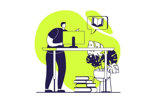 Online education web concept with flat people for website design. Man student learning at computer, reading digital books, using library services and gets information for lessons. illustration. vector