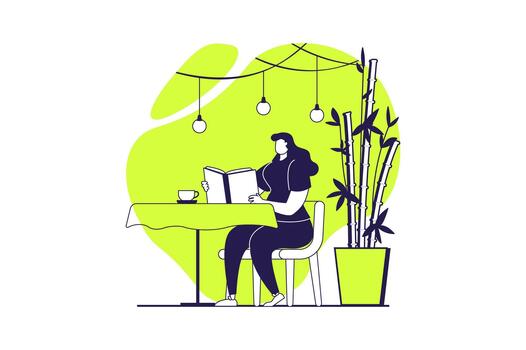 People reading book web concept with flat people for website design. Woman reads literature while sitting cafe table and drink coffee, bookworm enjoying with different texts. illustration. vector