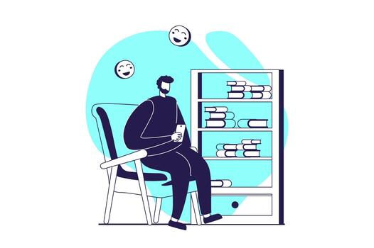 People sit in gadgets web concept with flat people for website design. Man interacting with digital information or entertainment content in mobile app and ignoring books on shelf. illustration. vector