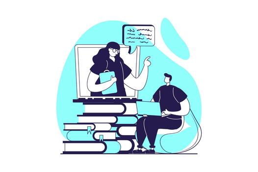 Online education web concept with flat people for website design. Man student learning at lessons, watching seminars with teacher, trainings at webinars and e-learning. illustration. vector