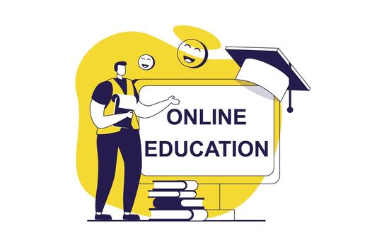 Online education web concept with flat people for website design. Man learning at educational platform, watching lessons in virtual classroom, preparing to exam, graduation. illustration. vector