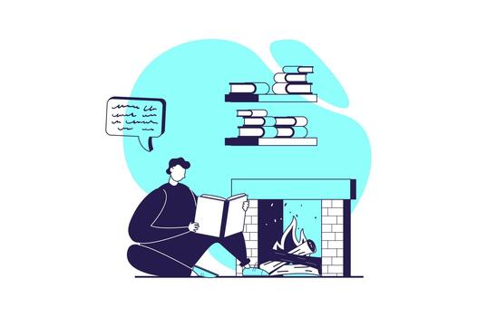 People reading book web concept with flat people for website design. Man reads literature while sitting by fireplace at home, bookworm enjoying with different texts in cosy. illustration. vector