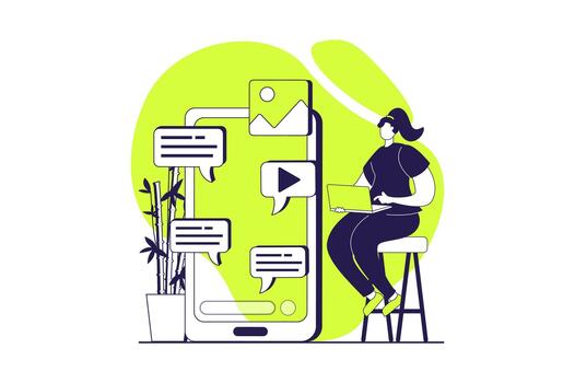 márketing web concepto con plano personas para sitio web diseño. mujer chateando y destino en Blog, atrayendo nuevo clientes, haciendo publicidad campañas, consiguiendo cliente comentario. ilustración. vector