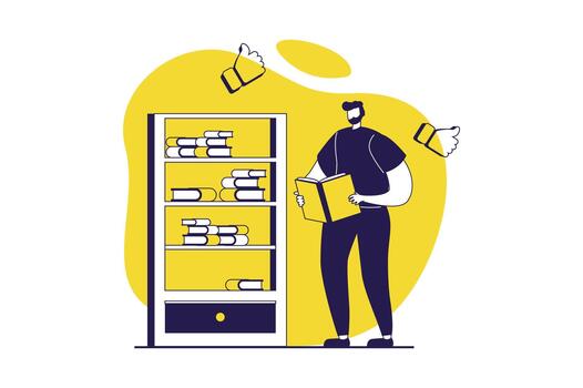 People reading book web concept with flat people for website design. Man reads literature while standing by bookshelf, bookworm pastime with different texts, choosing in bookshop. illustration. vector