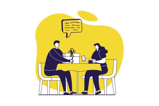 People sit in gadgets web concept with flat people for website design. Man trying to give gift at date to girlfriend, woman ignoring him while distracting to internet browsing. illustration. vector