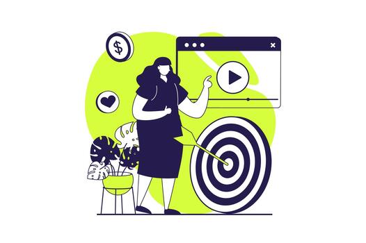 Marketing web concept with flat people for website design. Woman making content with promo information, attracting audience online, targeting and efficiently aiming goal. illustration. vector