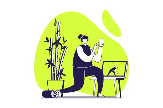 People sit in gadgets web concept with flat people for website design. Woman training with videos from sport blog, exercising and using her mobile phone, working with tutorials. illustration. vector
