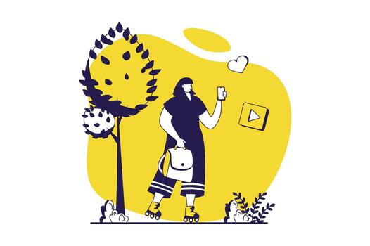 People sit in gadgets web concept with flat people for website design. Woman looking in mobile phone screen while walking in park, browsing or chatting, addicting to content. illustration. vector