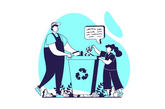 People collecting garbage web concept with flat people for website design. Man with girl kid throwing waste in disposal bin for sorting and recycling, developing ecology habits. illustration. vector
