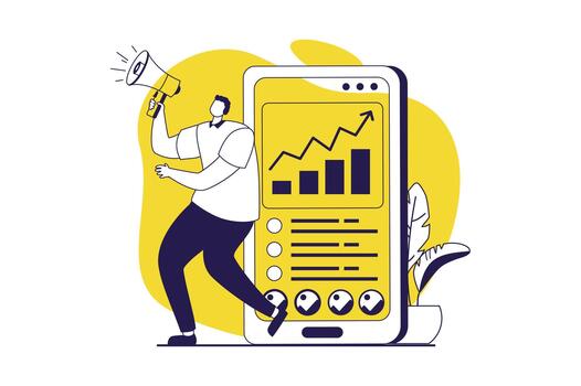 Marketing web concept with flat people for website design. Man with megaphone announcing promo information, attracting audience online, increasing followers statistic and rating. illustration. vector