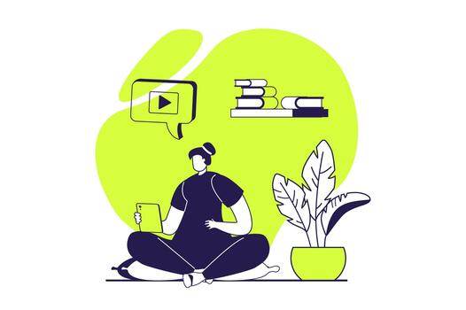 People sit in gadgets web concept with flat people for website design. Woman watching content at mobile app, spending lot of time online in entertainment and browsing. illustration. vector