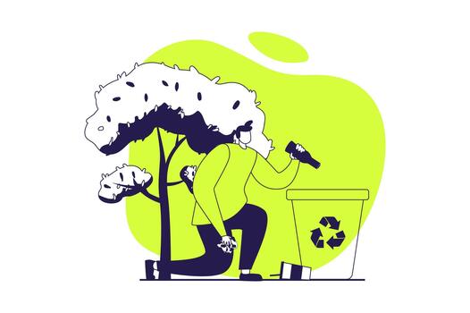 personas coleccionar basura web concepto con plano personas para sitio web diseño. hombre coleccionar residuos en disposición compartimiento para clasificación y reciclaje, limpieza en parque, desarrollando eco hábitos ilustración. vector