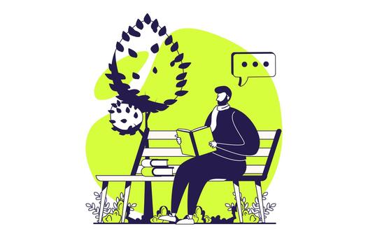 People reading book web concept with flat people for website design. Man reads literature while sitting bench in park. Reader pastime with different texts, engaged in hobby. illustration. vector