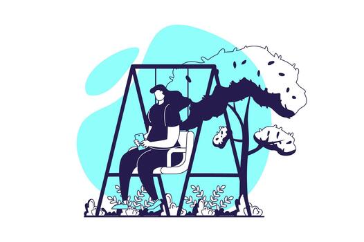 People sit in gadgets web concept with flat people for website design. Woman interacting with mobile phone while sitting at swing in park, addicting to chatting and browsing. illustration. vector