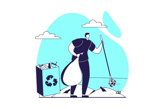 personas coleccionar basura web concepto con plano personas para sitio web diseño. hombre voluntario cosecha desperdiciar, limpieza a mar playa, clasificación basura dentro separar contenedores para reciclaje. ilustración. vector