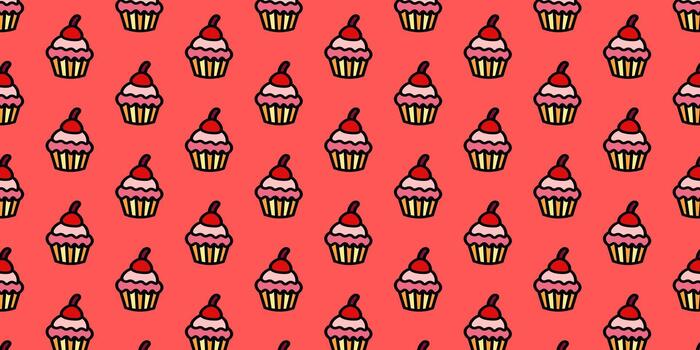Vibrant seamless repeating pattern of sweet cartoon cupcakes with pink frosting and a cherry on top, set against a bold red background vector