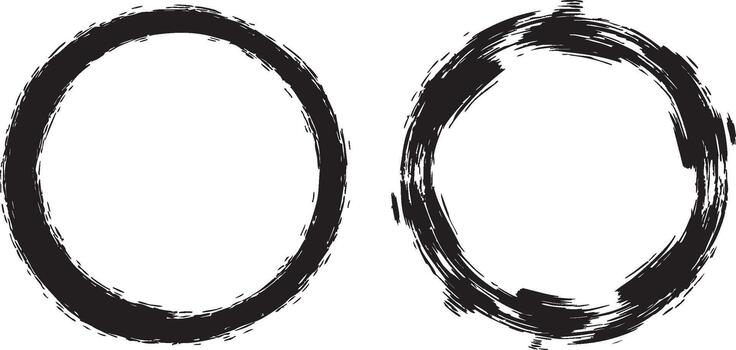 Set of two round brush stroke circle frames grunge texture borders isolated on transparent vector