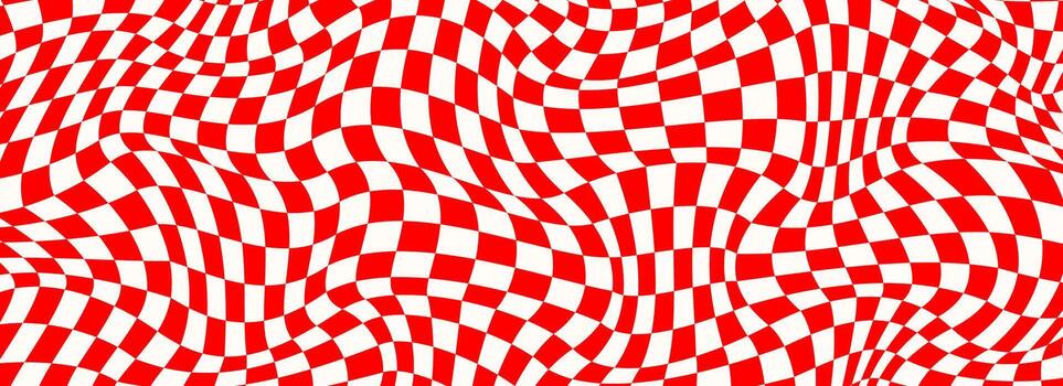 Trippy checkerboard background. Retro psychedelic checkered wallpaper. Wavy groovy chessboard surface. Distorted geometric grid chess pattern. Abstract red and white race flag backdrop. vector