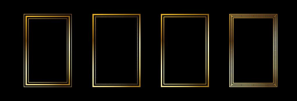 Gold thin rectangle frame set. Shining golden square borders in art deco style. Thin linear rectangular cadre collection. Yellow glowing shiny boarder element pack for tarot card, photo, poster vector