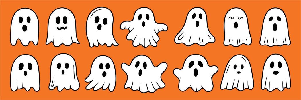 cartoon ghost characters with simple expressions on orange background vector