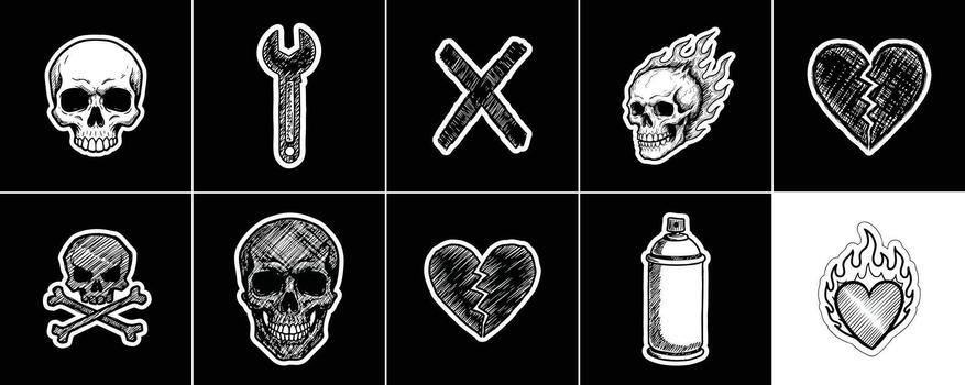 Compilation of edgy graphic elements skull and broken heart icons vector
