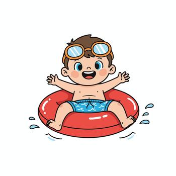 Happy boy floating in inflatable ring at the pool vector