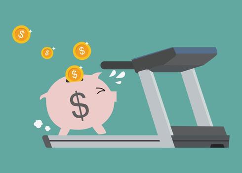 piggy bank running on a treadmill. running until exhausted to save vector