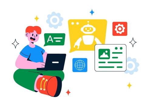 Digital Content Assistant Showcasing Intelligent Tools For Creative Support In Modern Flat Design vector