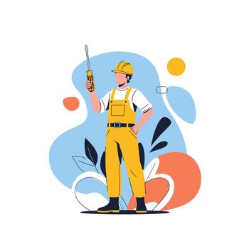 A construction worker in yellow overalls is holding a sealant gun and applying it to a surface. vector