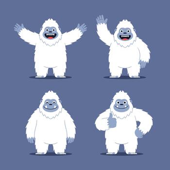 Friendly cartoon yeti character in four different poses expressing joy and enthusiasm. vector